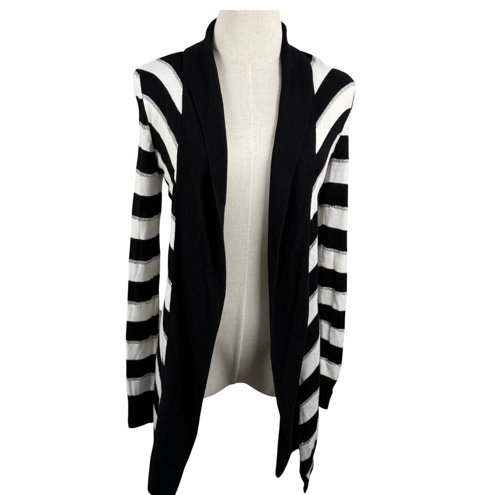 White House Black Market XS Cardigan Black White Striped Knit Metallic Goth Chic